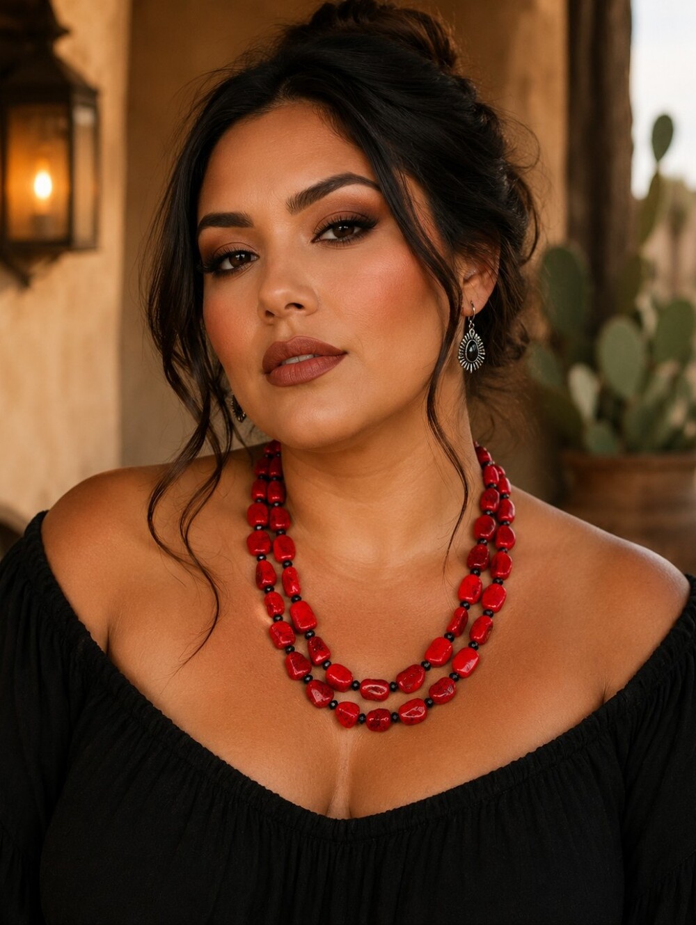 Red Stone Strand Statement Necklace Black Faceted Beads Clasp